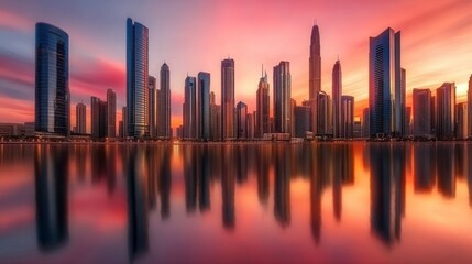 Obraz premium Vibrant Sunset Over Skyscrapers Reflecting in Water