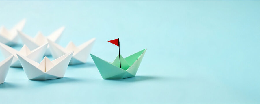 Leadership and Highlight: Minimalist Origami Concept with green Single Boat highlighted with leadership flag over the other team of white boats on blue background.
