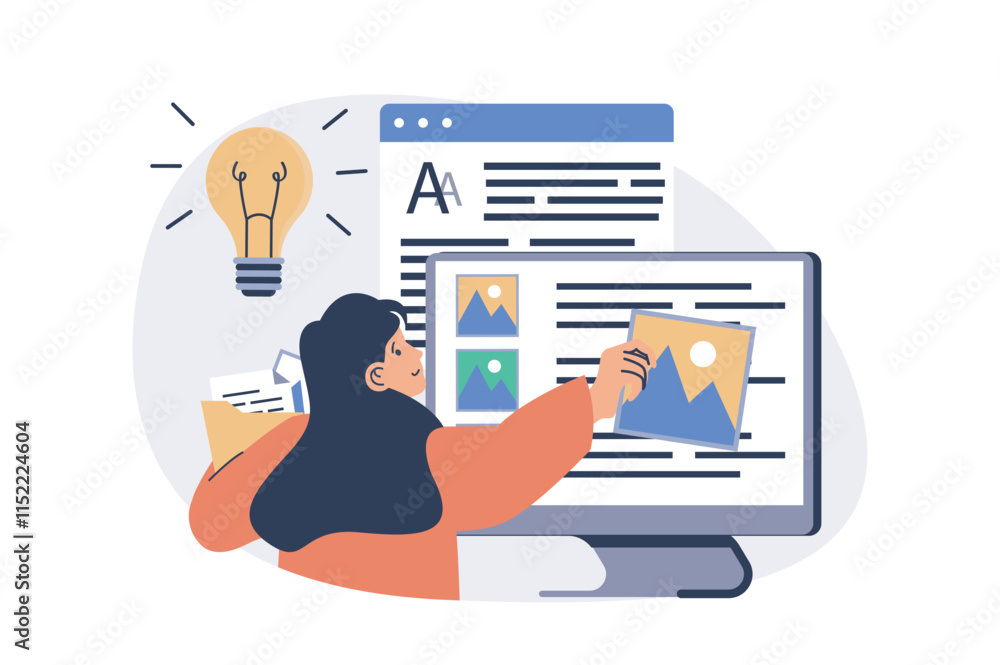 Poster content manager web concept with flat cartoon people for website design.