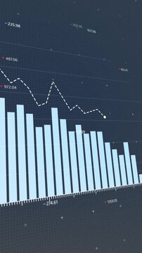 Data visualization showing fluctuating financial trends with bar graphs and line charts, indicating decreased profit or increased loss, arrows depicting downward motion, dark background. Copy space.
