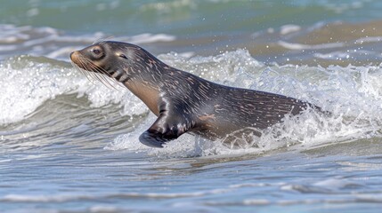 Obraz premium Seal pup emerges from ocean waves, wet fur glistening.