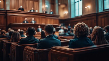 A courtroom with a judge and a jury. The judge is wearing a black robe and the jury is seated in the back