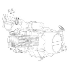 A set of drawings of engines - motor vehicle internal combustion engine, motorcycle, electric motor and a rocket. It can be used to illustrate ideas of science, engineering design and high-tech