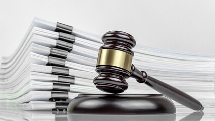 Judge's gavel and a stack of court files and documents on a desk. Judicial case backlogs and...