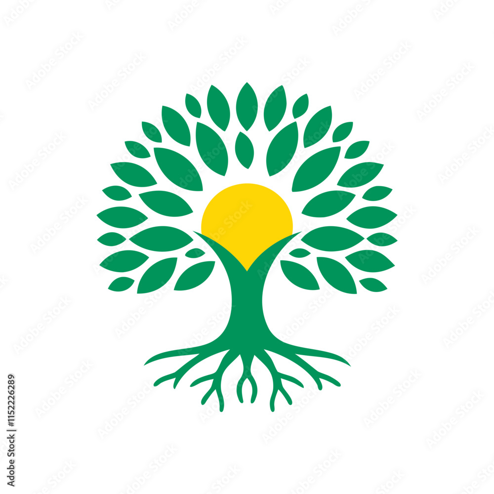 Poster a radiant sun rising behind a tree with its roots visible below isolated on transparent background