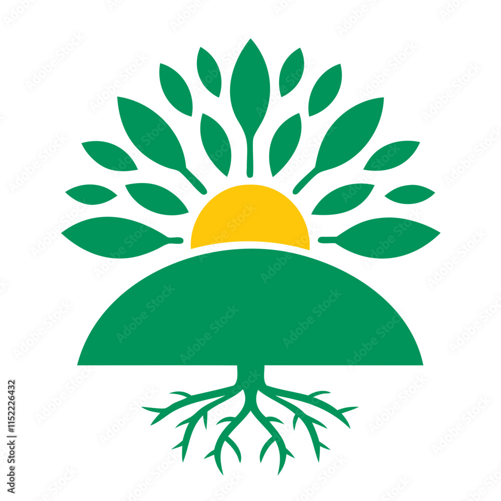 Poster A radiant sun rising behind a tree with its roots visible below Isolated on transparent background