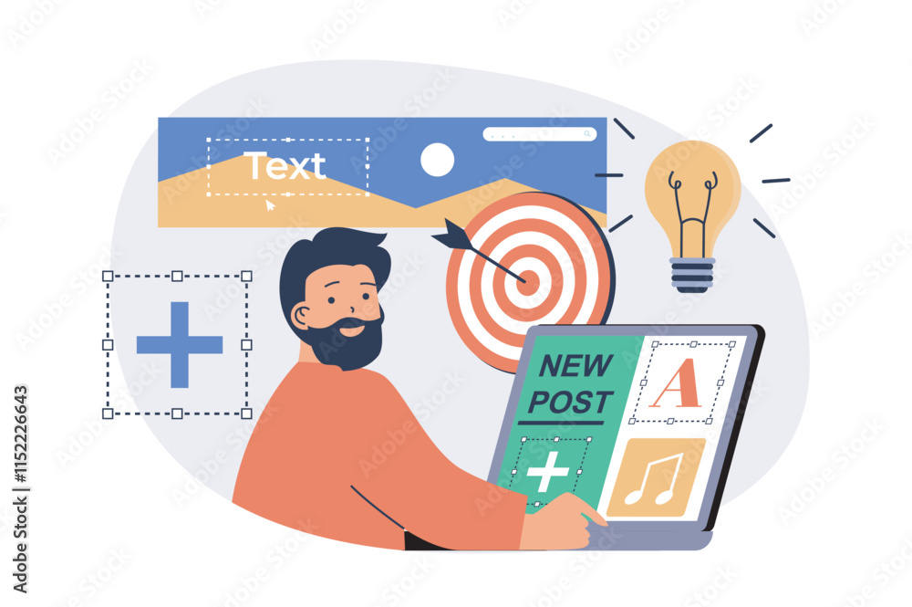 Poster content manager web concept with flat cartoon people for website design.