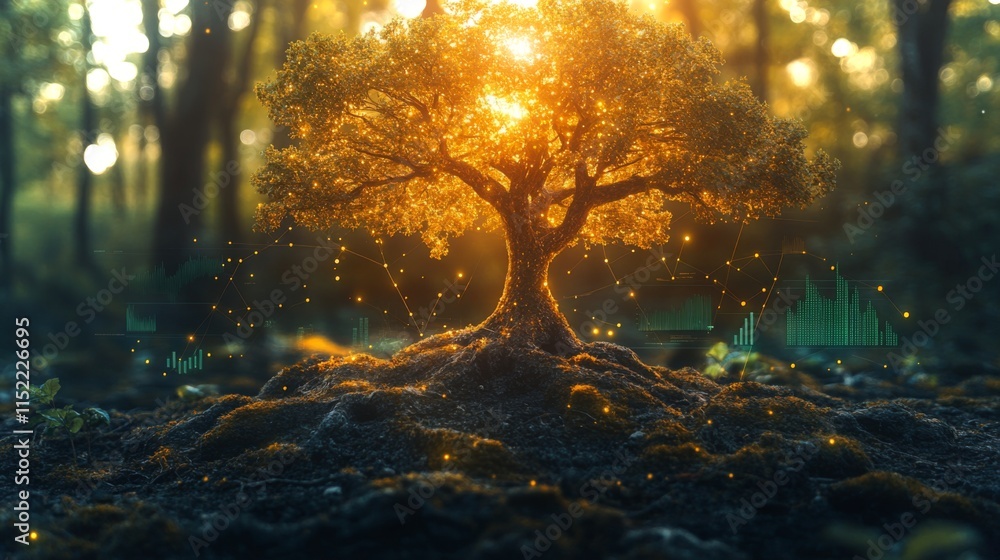 Poster A vibrant tree stands in the center of a lush forest as the sun sets, casting a warm glow through the leaves while soundwave patterns float around it, creating a serene atmosphere.