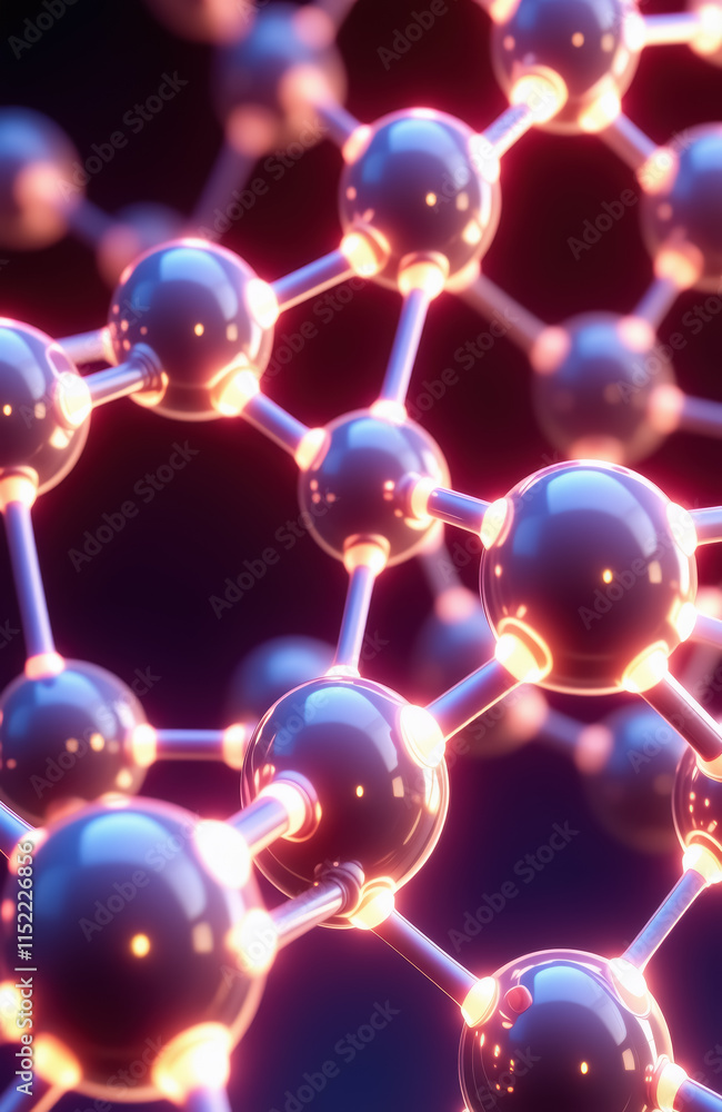 Poster glowing molecular structure with connected spheres in a futuristic setting