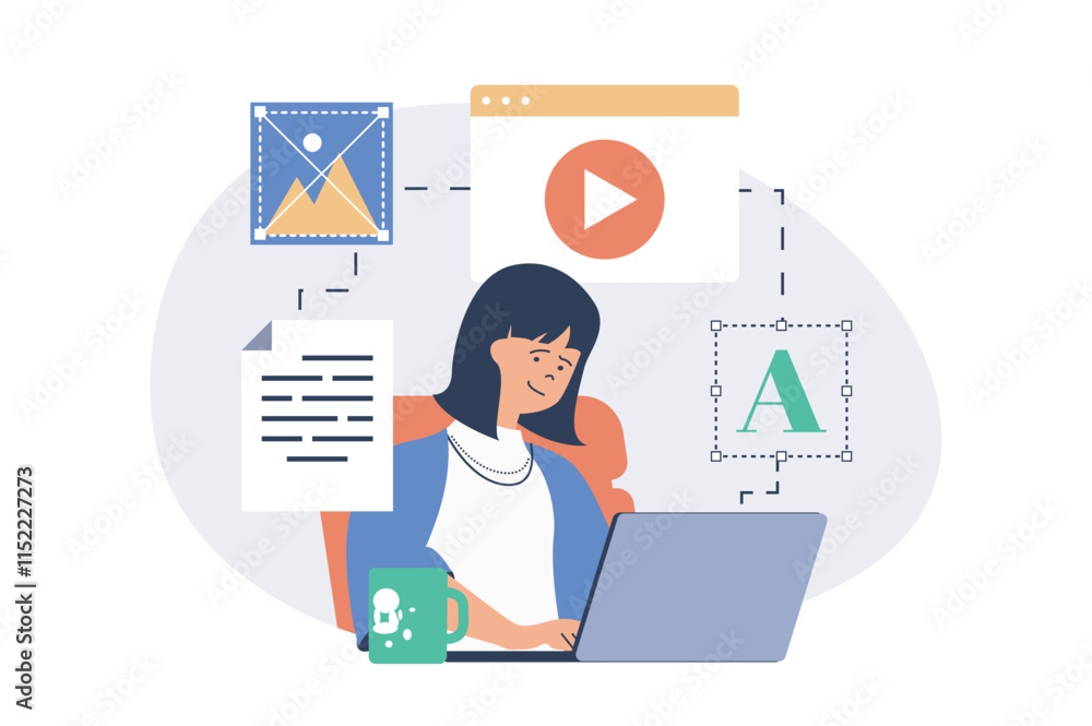 Poster content manager web concept with flat cartoon people for website design.