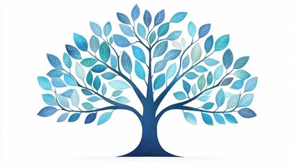 Obraz premium Stylized blue tree with vibrant leaves on a white background.