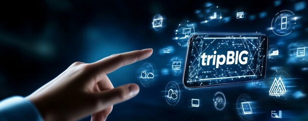 A hand pointing at an icon on the screen of a phone, displaying "tripBIG" and various tech icons around it, symbolizing cloud technology in business, all set against a dark blue background with subtle