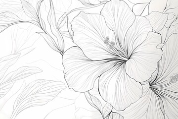 Abstract Floral Outline Design with Hibiscus Flowers and Leaves