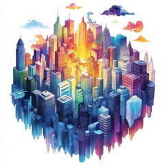 Obraz premium Vibrant cityscape featuring modern skyscrapers and colorful skyline.