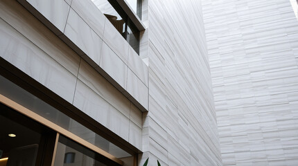 Close-up view of two adjacent building sections. One features light gray, horizontally-oriented rectangular panels; the other, a white textured wall. A partially visible window and a door are present.