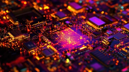 Obraz premium A close-up view of a vibrant, intricate circuit board with glowing components.
