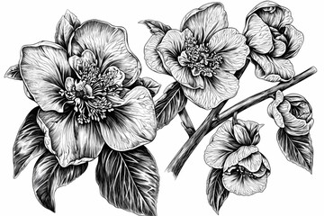 Detailed Black and White Illustration of Blooming Flowers and Leaves