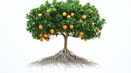 Fruit tree with visible root structure on a clean white background