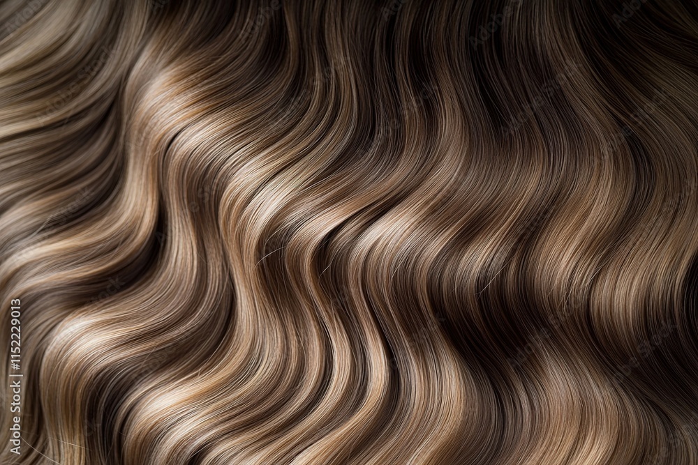 Poster close-up of glossy curls cascading in soft waves under directional light with blurred neutral backgr