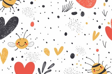 Cute Bees and Hearts Pattern on White Background for Kids Design
