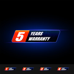 Warranty 3D logo set. 5,4,3,2,1 years. Neon glowing warranty label for technology product.