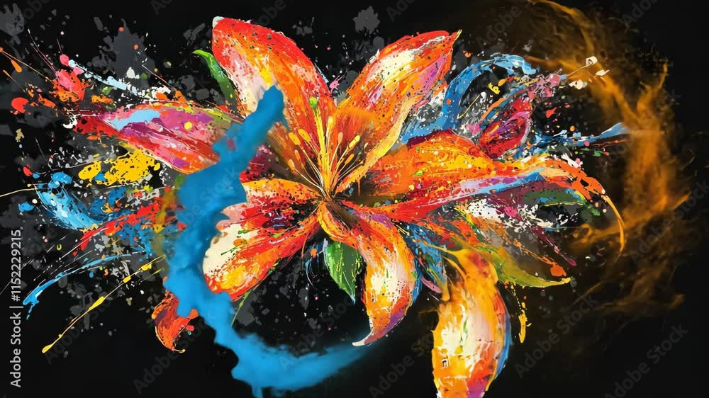 Poster colorful abstract flower design with vibrant splashes and dynamic brush strokes on a black backgroun