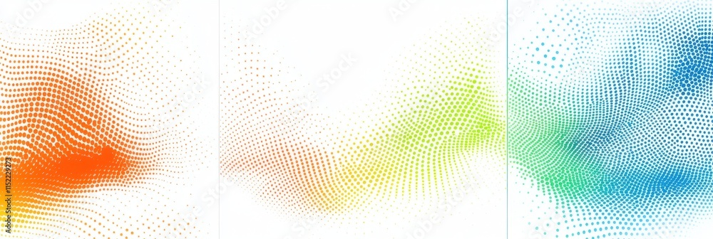 Poster set of three halftone backgrounds white background with gradient dots in orange, blue, and green col