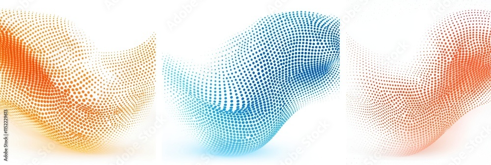 Poster set of three halftone backgrounds with gradient dots on a white background, using an orange and blue