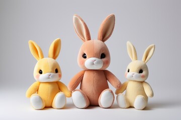 Obraz premium three stuffed animals sitting next to each other on a white surface