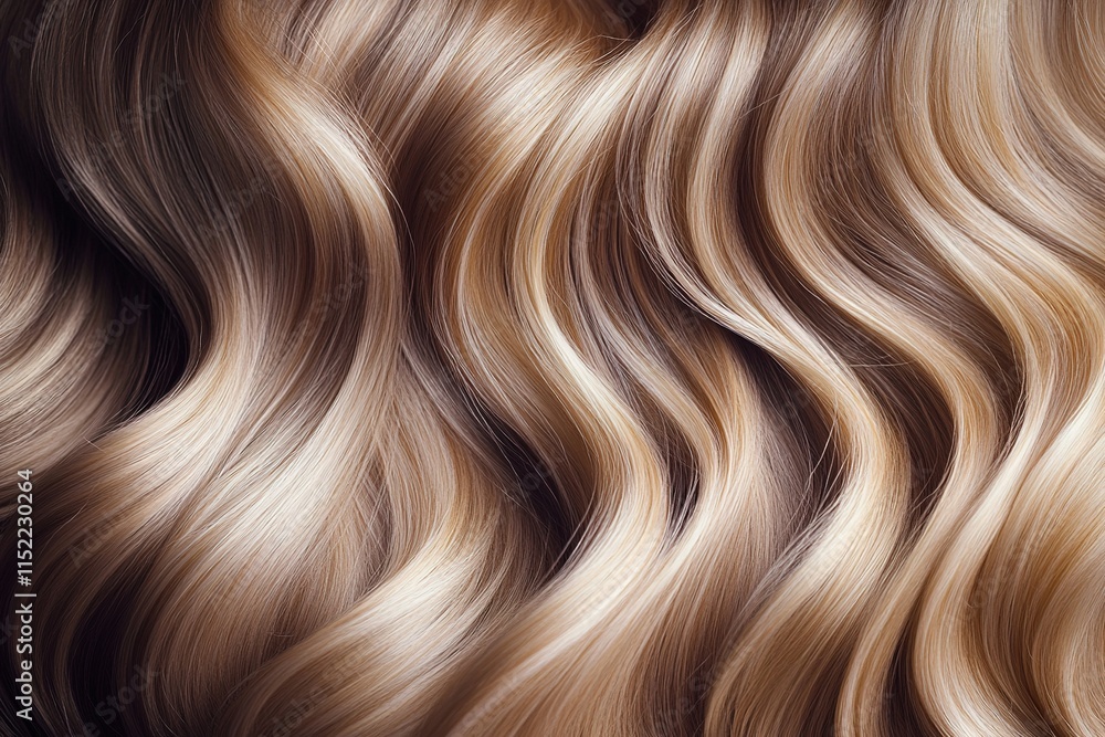 Poster close-up of glossy curls cascading in soft waves under directional light with blurred neutral backgr