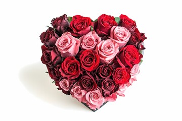 Heart-Shaped Arrangement of Red and Pink Roses on White Background