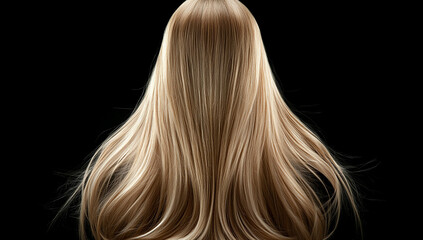 Naklejka premium Close-up of a beautiful blonde woman with long, straight hair against a black background, viewed