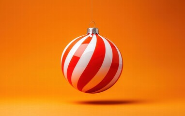 A red and white striped bauble spinning mid-air against a bright orange background