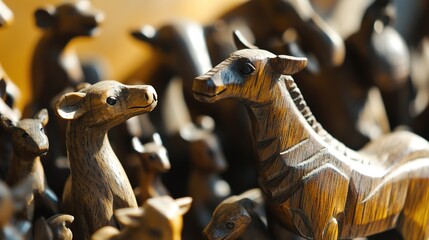 Intricately carved wooden animals showcase remarkable craftsmans