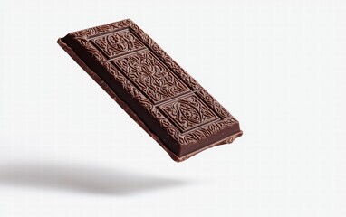 A rich dark chocolate bar floating mid-air with intricate patterns, isolated on a bright white background