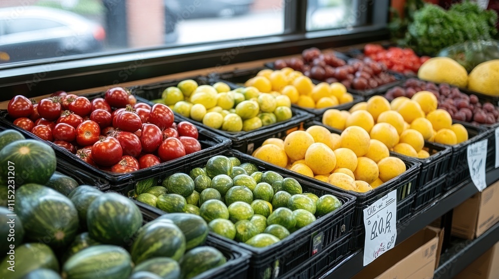Poster fresh produce display in a grocery store with various fruits and vegetables in black plastic crates.