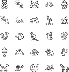 Cute Animals, Nature, and Sweet Treats Line Icons Set