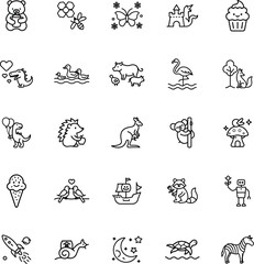 Cute Animals, Nature, and Sweet Treats Line Icons Collection
