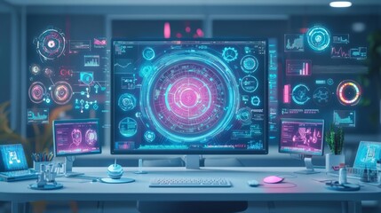 Obraz premium Futuristic workspace with advanced digital interface and data visualization screens.