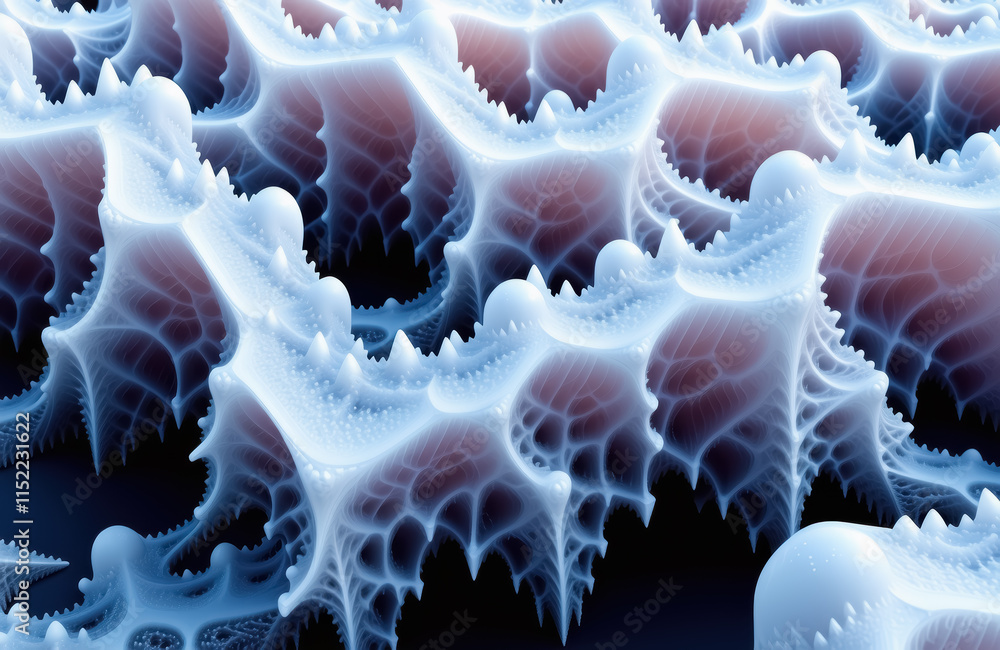 Poster intricate fractal patterns resembling coral or cellular structures in blue and white