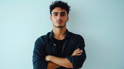 Obraz premium Young Man Standing with Arms Crossed Against a Plain Background
