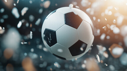 Fototapeta premium Soccer sport match, football ball on green grass, stadium with football net on background