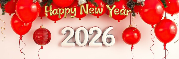Red Happy New Year 2026 message balloons with decoration party. symbolizes the start of the new year