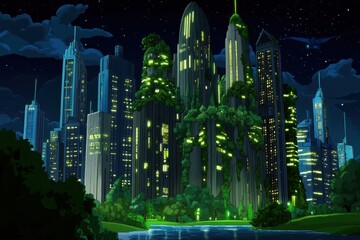 A Sprawling Cityscape with Interconnected Walkways and Vertical Gardens in a Cartoon Style, Illuminated by Ambient Light Under a Starry Sky