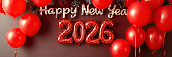 Red Happy New Year 2026 message balloons with decoration party. symbolizes the start of the new year