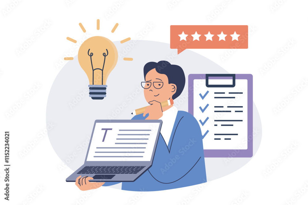 Aufkleber copywriter web concept with flat cartoon people for website design.