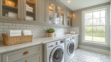 Bright laundry room with white subway tile, marble countertops, gray cabinets, and a large window.