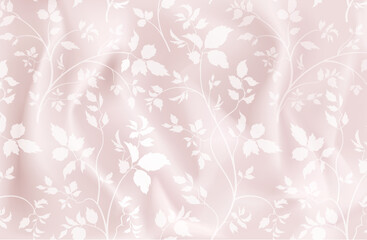 Floral seamless pattern. Branch with leaves ornament over soft silk fabric texture. Vector 3D illustration. Flourish nature garden motif  decor