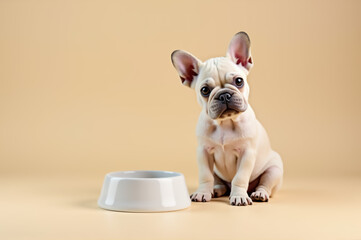 Cute french bulldog puppy sitting beside empty food bowl on beige background