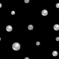 Seamless pattern with realistic pearls of different size isolated on the black background. Vector 3d illustration.
